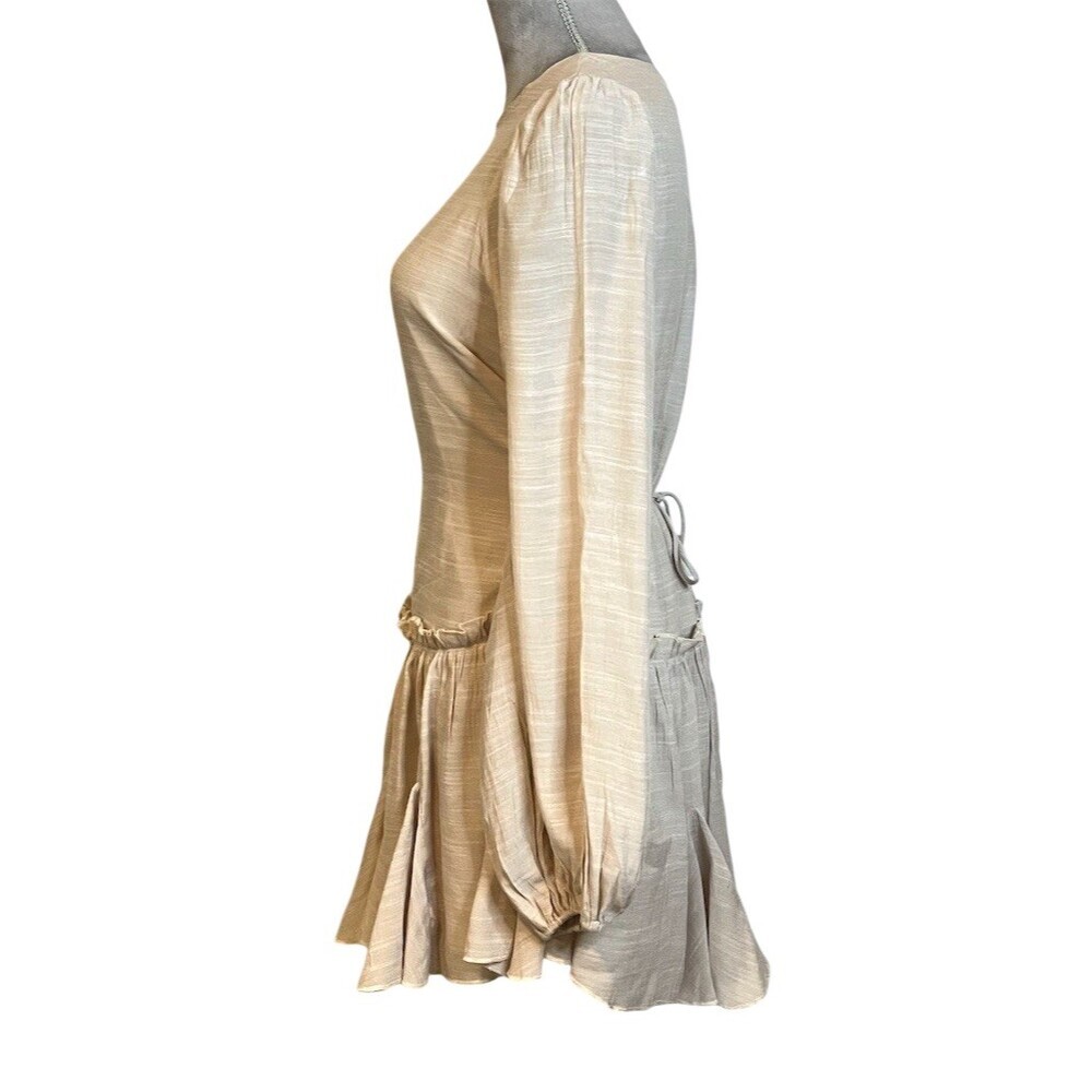 Y2k Beige Mini Tiered Layered Dress S Tie Waist Summer Spring Party - Picture 4 of 12